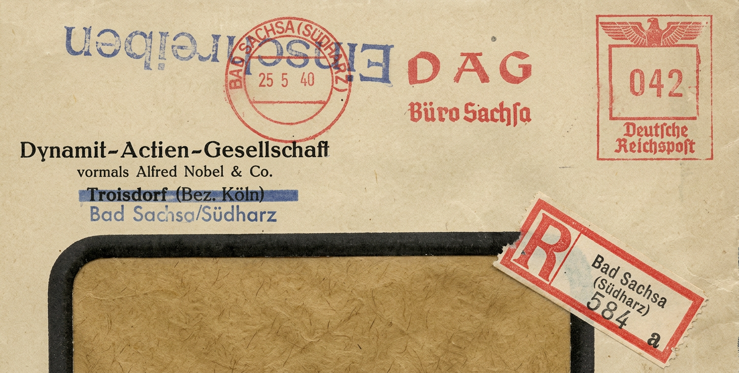1940, DAG Büro Sachsa, Umschlag aus Troisdorf überstempelt mit Bad Sachsa-Südharz, Einschreiben-Brief vom 25.5.1940, Ausschnitt