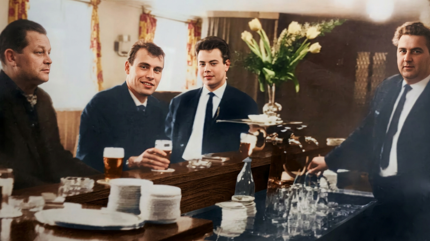 OPTIMIERT_1970 ca., Otto Krüger, Rudi Müller, Dieter Reinhard , Wirt Wolfgang Reuter. Cordula Müller fa 17.12.2020, verändert