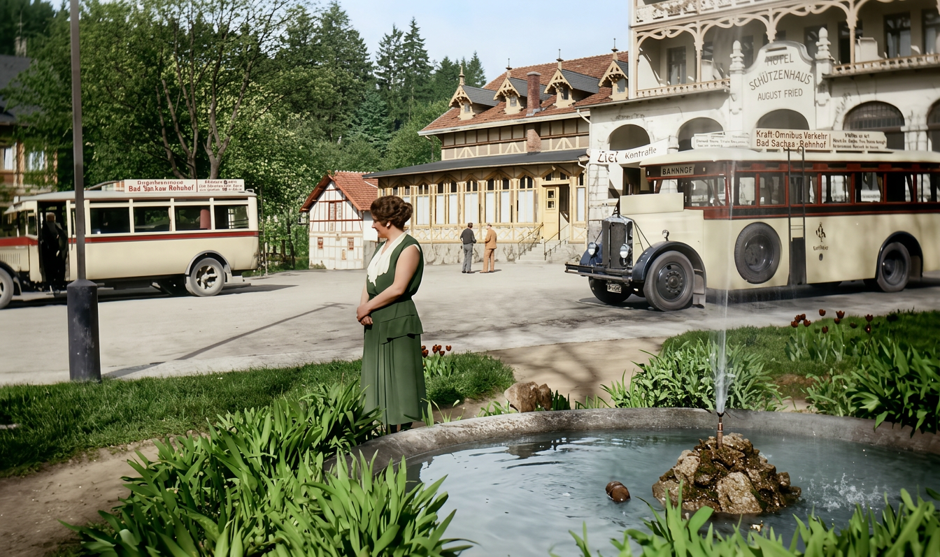 OPTIMIERT_1935 ca., Dora Borchers steht vor ihrem Geschäft in den Kolonnaden, Hotel Schützenhaus, Busse