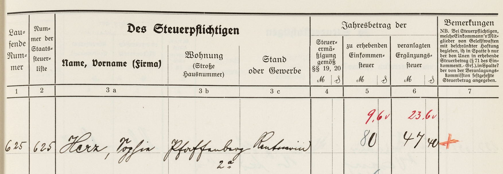 OPTIMIERT_2c, Staatssteuerrolle 1918, Herz, Sophie, Rentnerin, Pfaffenberg 2a, b, Ausschnitt