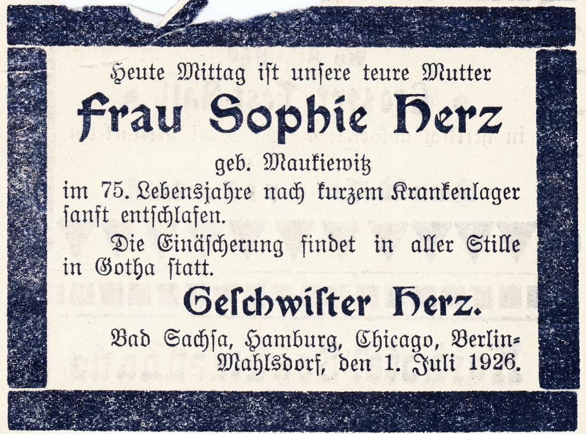 OPTIMIERT_1926-07-01, Sophie Herz, Todesanzeige, 1926_obituary_Sophie_1_Sachsener_Ortsblatt