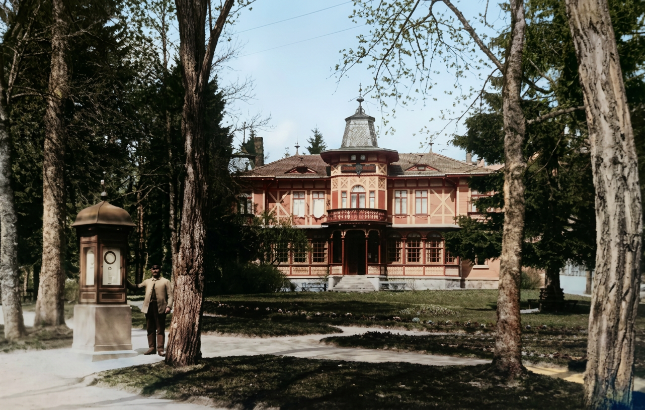 OPTIMIERT_1900 ca, Badehaus mit Wetterstation und Gärtner, sw-Ak coloriert von Th. Wegener fa 20.5.2022-1
