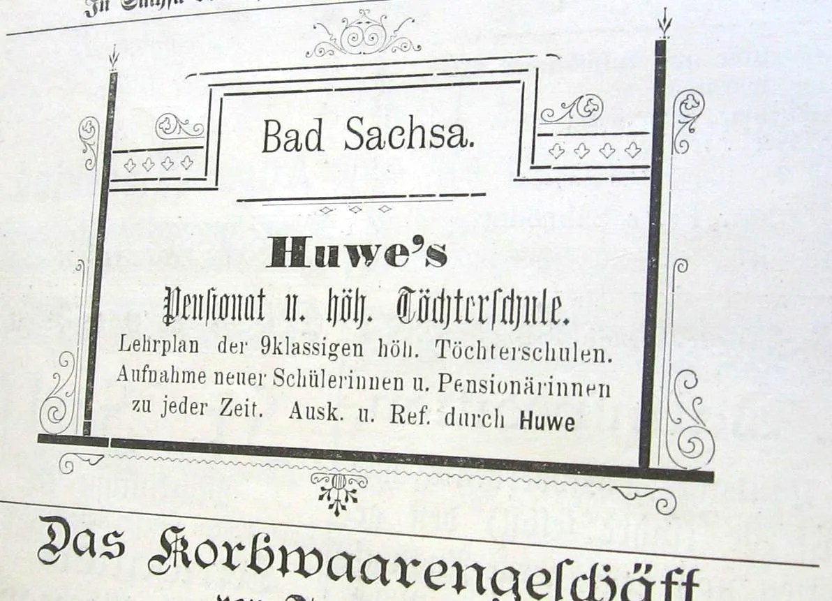 OPTIMIERT_1897, Huwe`s Pensionat u. höh. Töchterschule, Lehrplan der 9klassigen höh. Töchterschule, Werbung in Kurliste, 1897, IMG_5617-1