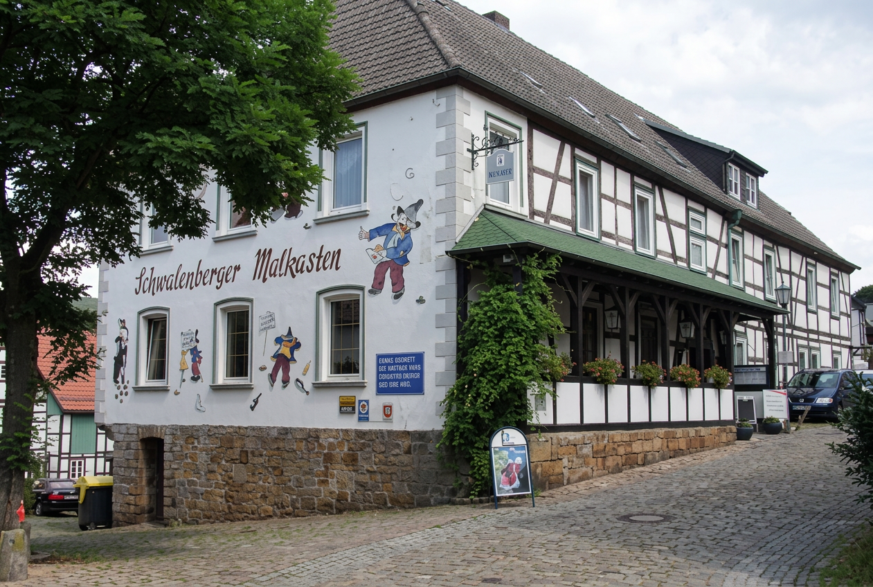 OPTIMIERT_Schwalenberger Malkasten, wie wir ihn heute kennen, mit den Keramikfiguren an der Fassade. Auf malerkolonie-schwalenbach.de-gadthoefe-malkasten 17.10.2026