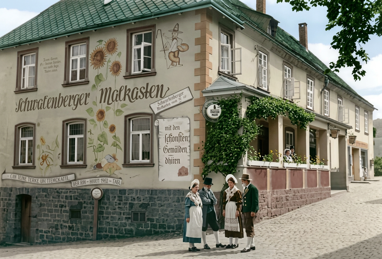 OPTIMIERT_Der Schwalenberger Malkasten mit der ersten Fassadenbemalung durch Joachim Liebich Anfang der fünziger Jahre. Auf malerkolonie-schwalenbach.de-gadthoefe-malkasten 17.10.2026