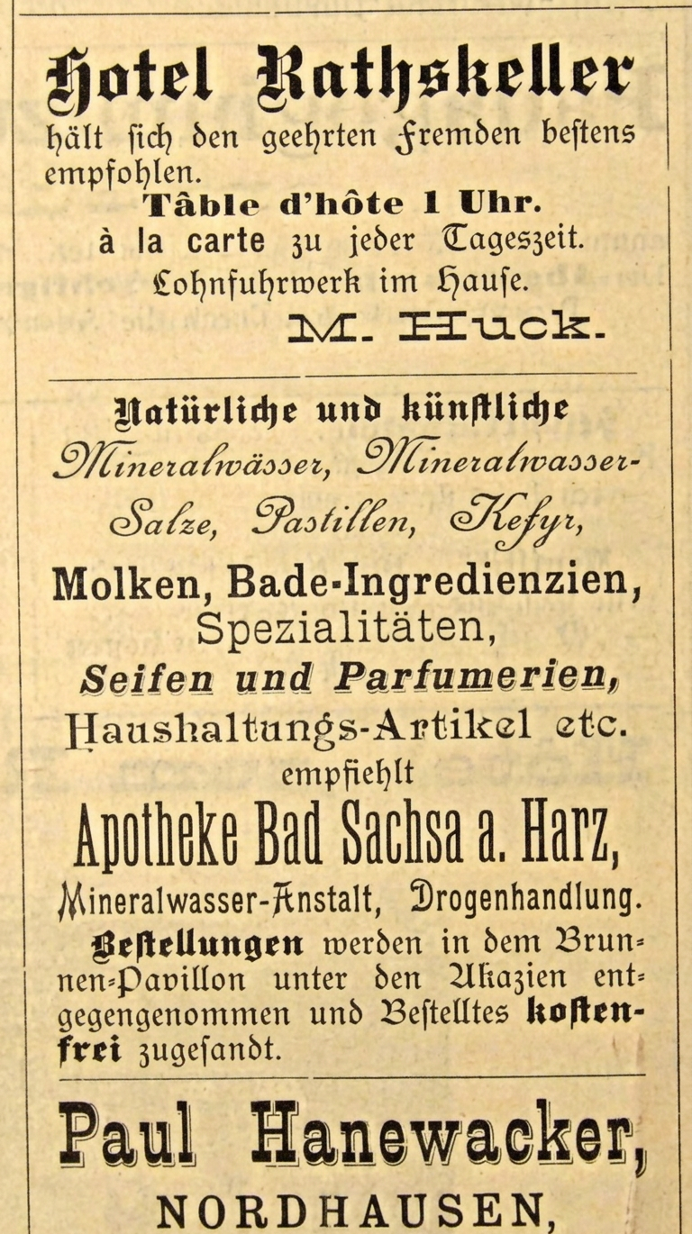 1896, Apotheke Bad Sachsa a. Harz, Werbung in Kurliste, 1896, IMG_5548, Ausschnitt