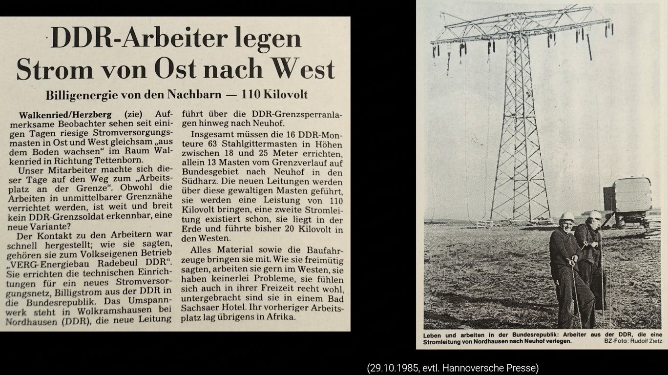 OPTIMIERT_1985-10-29. evtl Hannoversche Presse. DDR-Arbeiter legen Strom von Ost nach West, Billigenergie von den Nachbarn - 110 Kilovolt